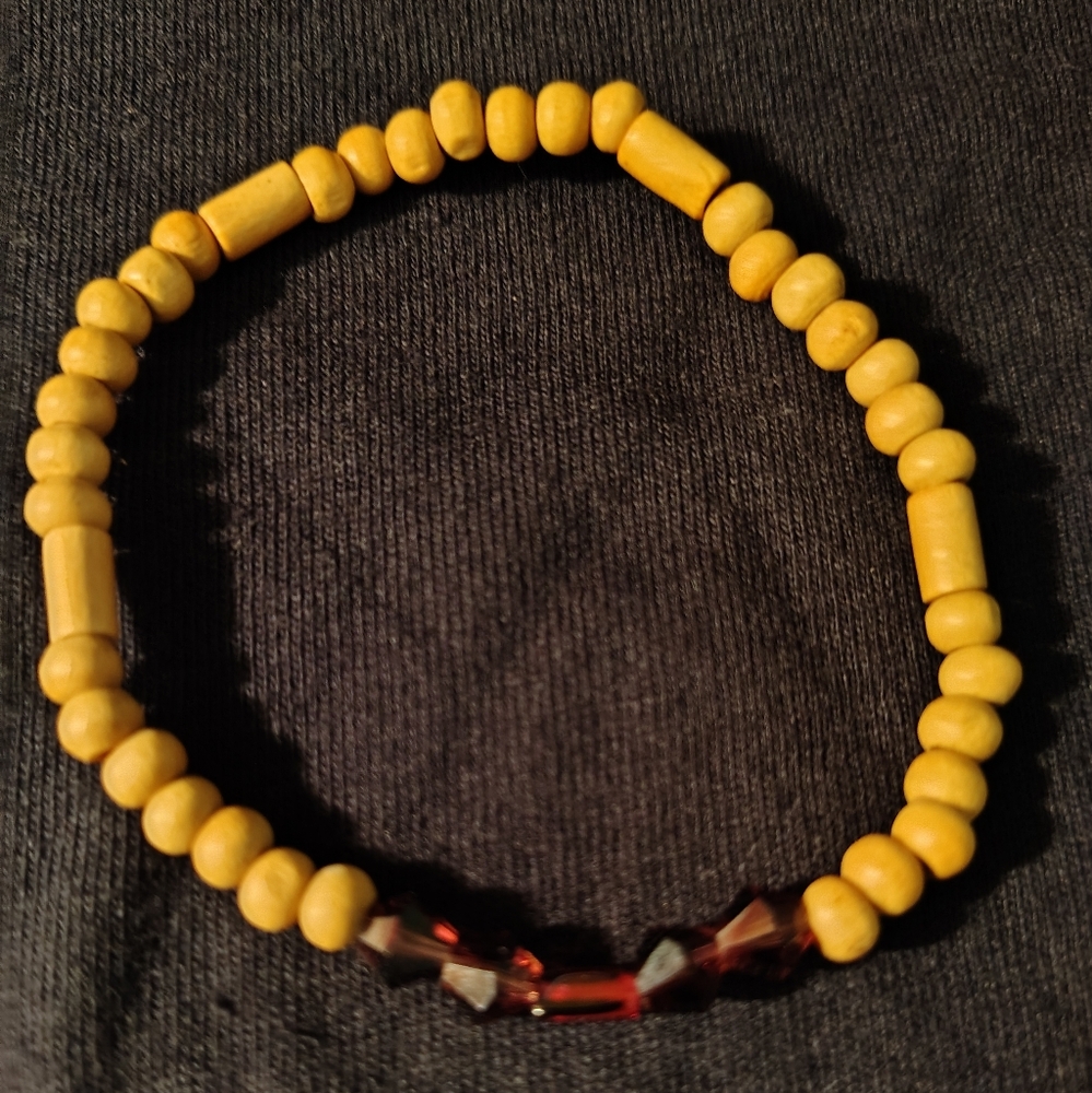 HANDMADE Wood And Brown Glass Beaded Bracelet, 7 Inch, Stretchable